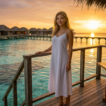 水上コテージに立つ女性の写真