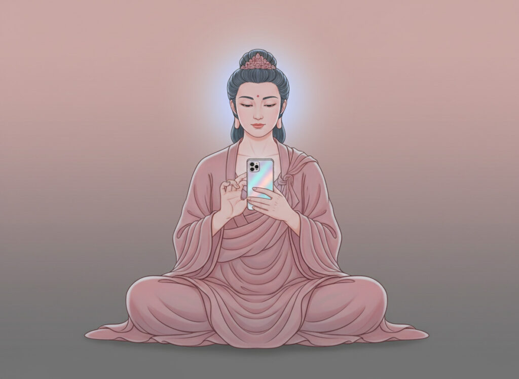 瞑想する女性がマッチングアプリで相手を探しているイメージ